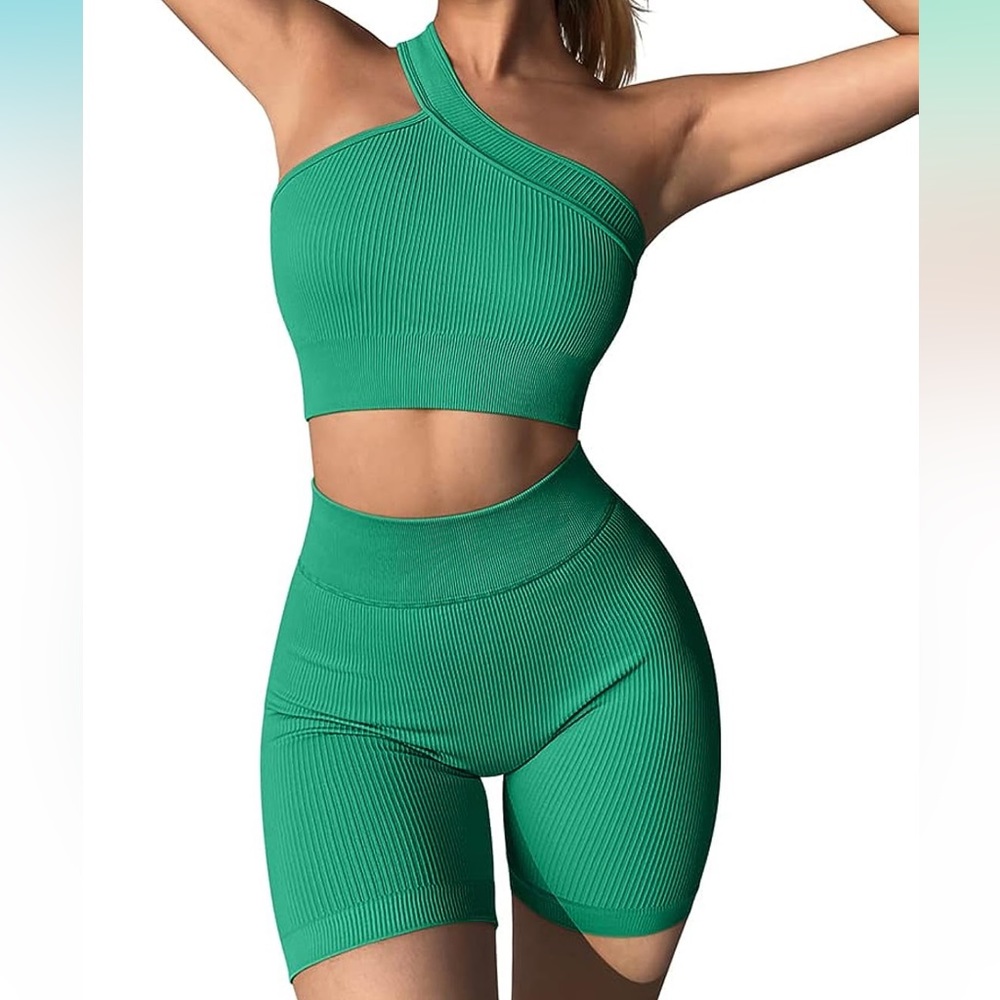 OQQ Workout ribbed set in teal, size small.